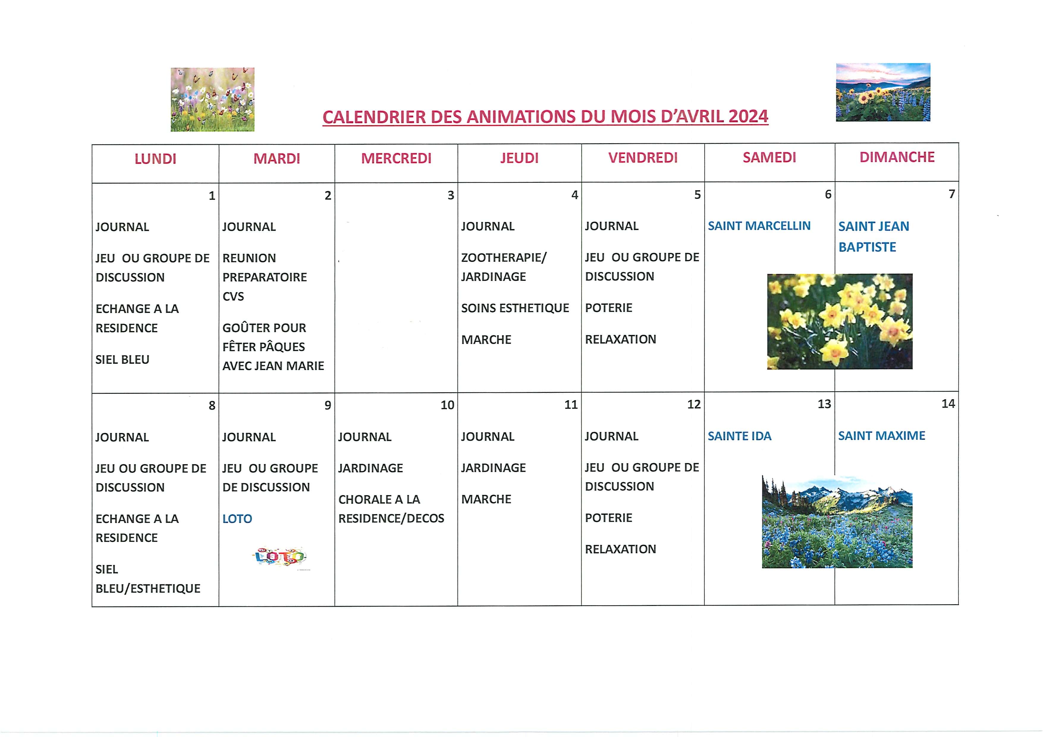 Calendrier animations avril 2024 SCEY