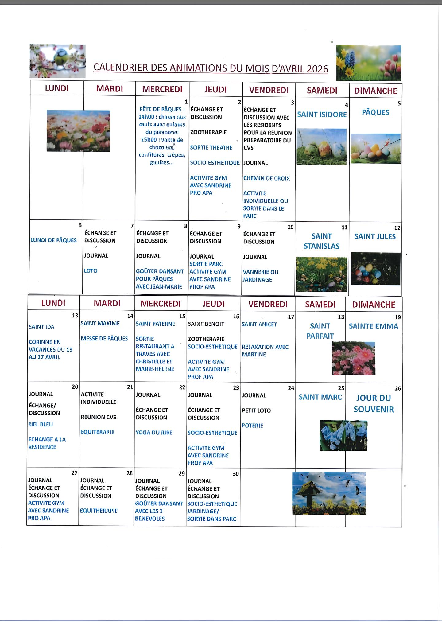 Calendrier animation avril 2026 Scey