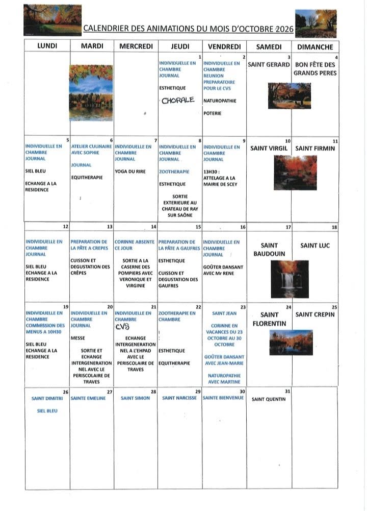 Calendrier animations octobre 2026 Scey